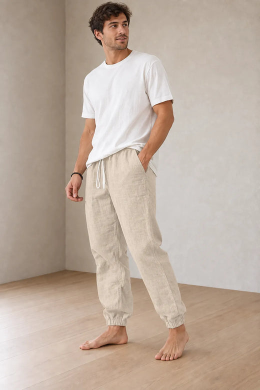 Men's Linen Joggers - Relaxed Drawstring Lounge Pants with Cuffed Ankles - Beige
