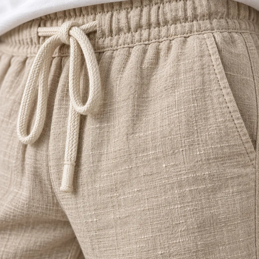 Men's Linen Joggers - Relaxed Drawstring Lounge Pants with Cuffed Ankles - Beige