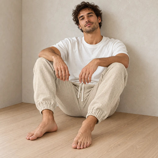Men's Linen Joggers - Relaxed Drawstring Lounge Pants with Cuffed Ankles - Beige