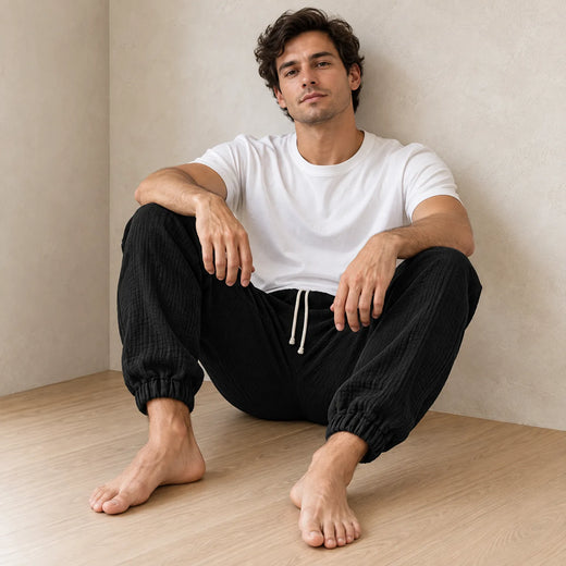 Men's Linen Joggers - Relaxed Drawstring Lounge Pants with Cuffed Ankles - Black