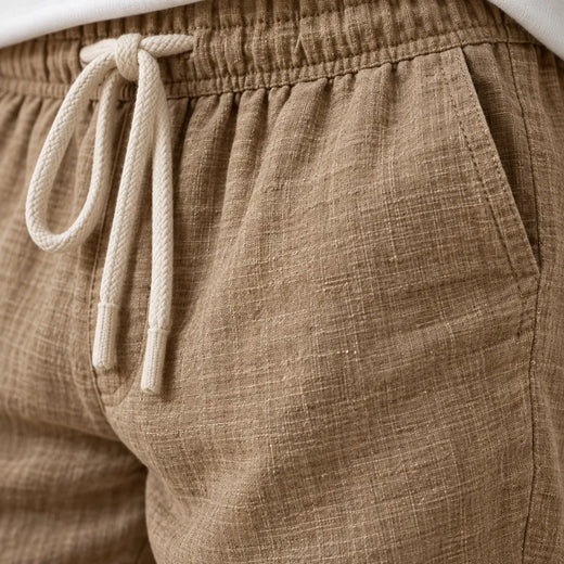 Men's Linen Joggers - Relaxed Drawstring Lounge Pants with Cuffed Ankles - Khaki