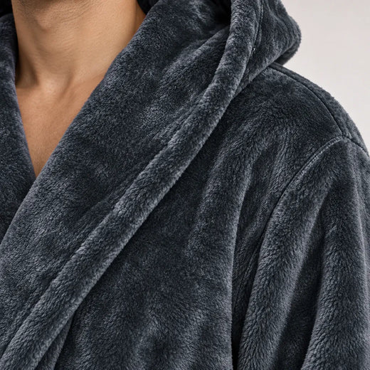 Men's Hooded Fleece Robe - Plush Bathrobe with Belt and Pockets - Charcoal
