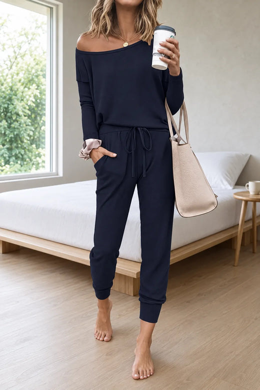 Women's Off-Shoulder Lounge Set - Long Sleeve Knit Top & Jogger Pants - Navy