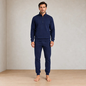 Men's Quarter-Zip Lounge Set - Brushed Fleece Pullover & Tapered Joggers - Navy