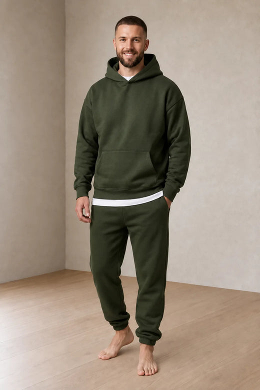 Men's Hoodie Lounge Set - Oversized Hoodie & Cuffed Joggers - Olive