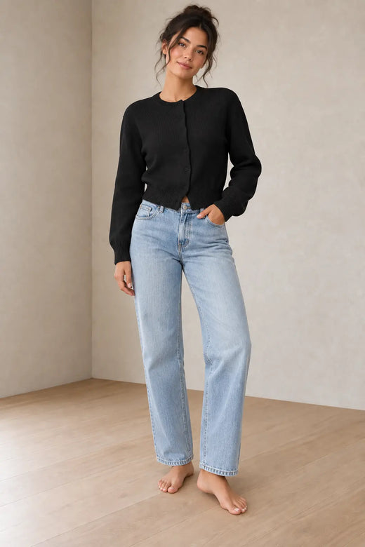 Women's Cropped Cardigan - Crew Neck Button-Front Knit Sweater - Black