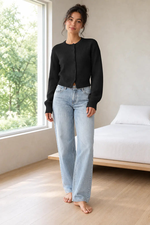 Women's Cropped Cardigan - Crew Neck Button-Front Knit Sweater - Black