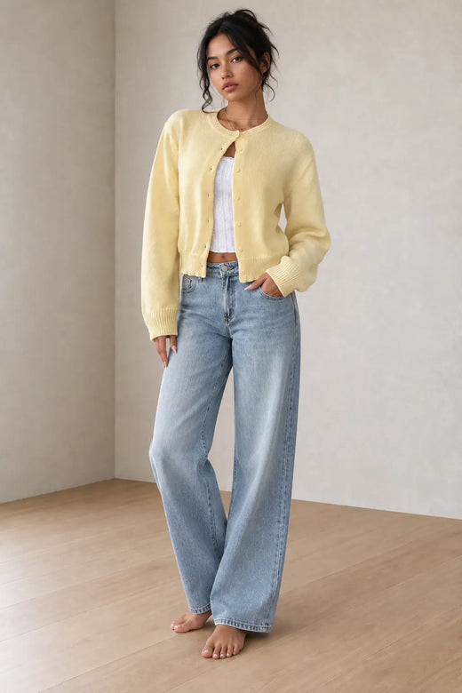 Women's Cropped Cardigan - Crew Neck Button-Front Knit Sweater - Butter Yellow