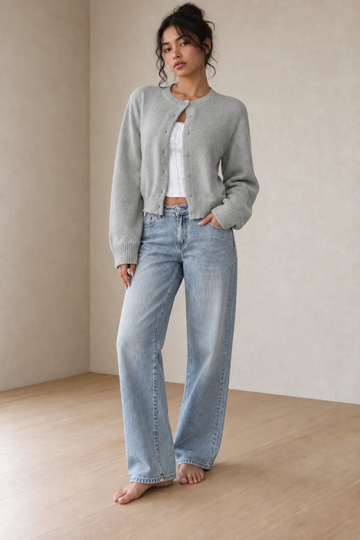 Women's Cropped Cardigan - Crew Neck Button-Front Knit Sweater - Gray