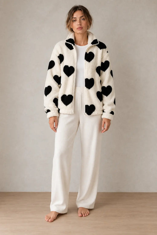 Women's Teddy Fleece Jacket - Heart Print Full-Zip Sherpa Jacket - Ivory Black Heart