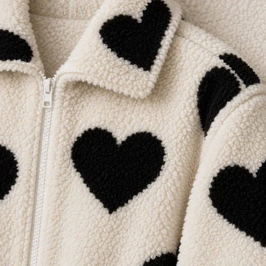 Women's Teddy Fleece Jacket - Heart Print Full-Zip Sherpa Jacket - Ivory Black Heart
