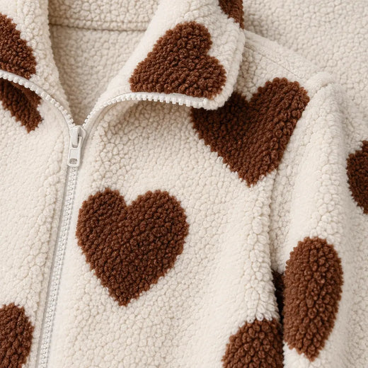 Women's Teddy Fleece Jacket - Heart Print Full-Zip Sherpa Jacket - Ivory Brown Heart