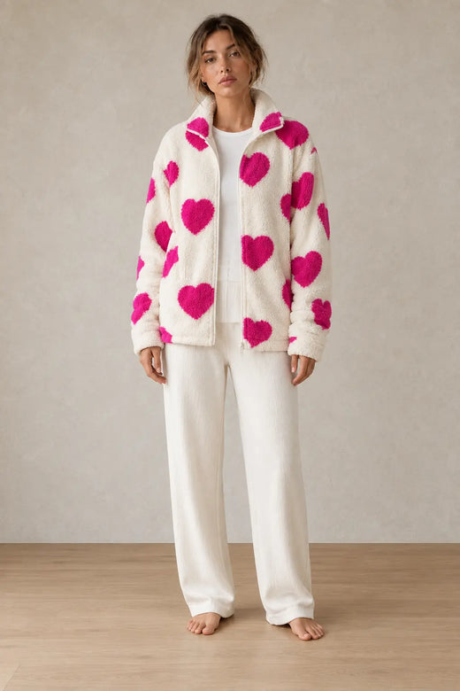 Women's Teddy Fleece Jacket - Heart Print Full-Zip Sherpa Jacket - Ivory Pink Heart