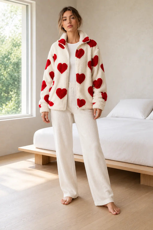 Women's Teddy Fleece Jacket - Heart Print Full-Zip Sherpa Jacket - Ivory Red Heart