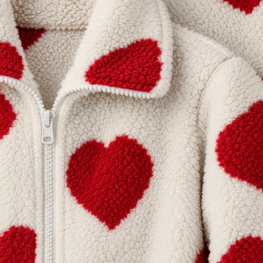 Women's Teddy Fleece Jacket - Heart Print Full-Zip Sherpa Jacket - Ivory Red Heart