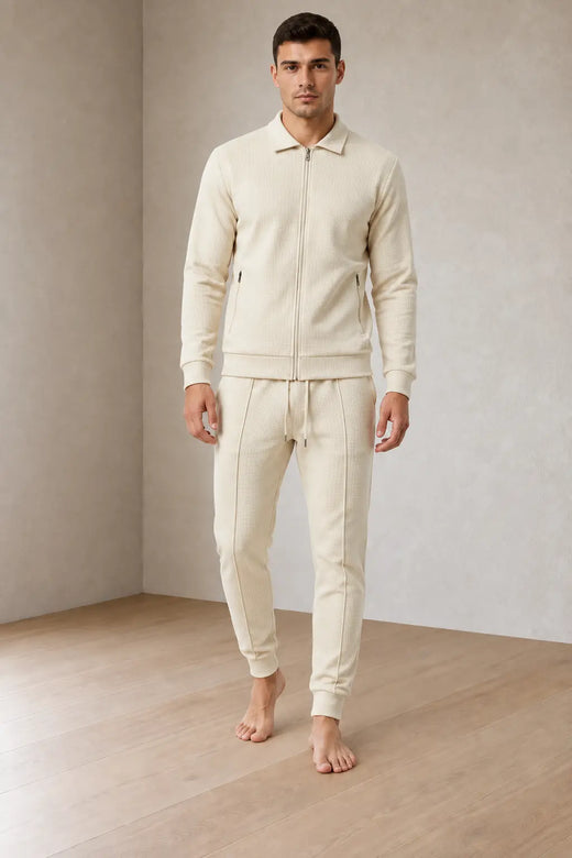 Men's Waffle Knit Lounge Set - Collared Full-Zip Top & Tapered Joggers - Beige
