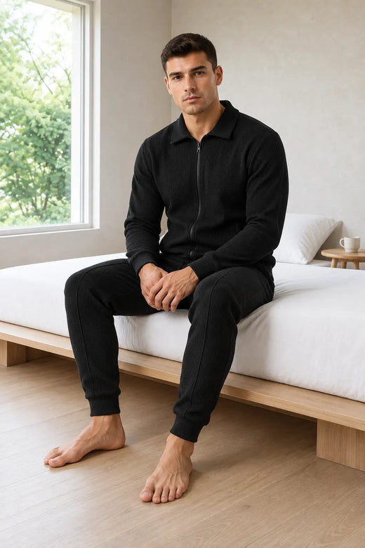 Men's Waffle Knit Lounge Set - Collared Full-Zip Top & Tapered Joggers - Black