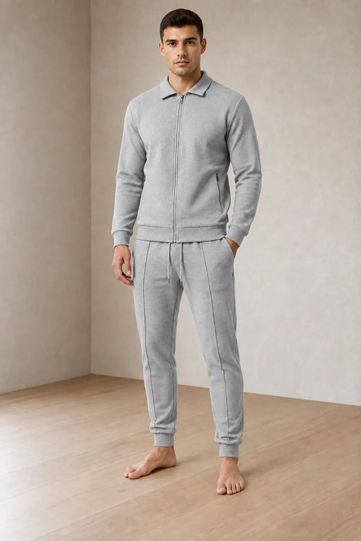 Men's Waffle Knit Lounge Set - Collared Full-Zip Top & Tapered Joggers - Heather Gray
