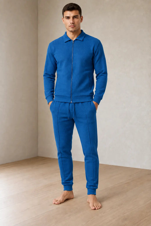 Men's Waffle Knit Lounge Set - Collared Full-Zip Top & Tapered Joggers - Sapphire Blue