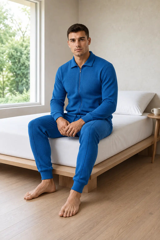 Men's Waffle Knit Lounge Set - Collared Full-Zip Top & Tapered Joggers - Sapphire Blue