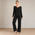 Women's Ribbed Knit Pajama Set - Long Sleeve Top with Bow & Lettuce-Edge Pants - Black