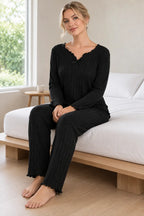Women's Ribbed Knit Pajama Set - Long Sleeve Top with Bow & Lettuce-Edge Pants - Black
