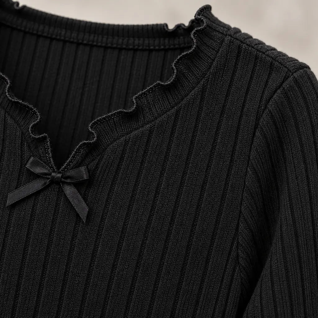 Women's Ribbed Knit Pajama Set - Long Sleeve Top with Bow & Lettuce-Edge Pants - Black
