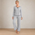 Women's Ribbed Knit Pajama Set - Long Sleeve Top with Bow & Lettuce-Edge Pants - Heather Gray