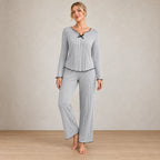 Women's Ribbed Knit Pajama Set - Long Sleeve Top with Bow & Lettuce-Edge Pants - Heather Gray