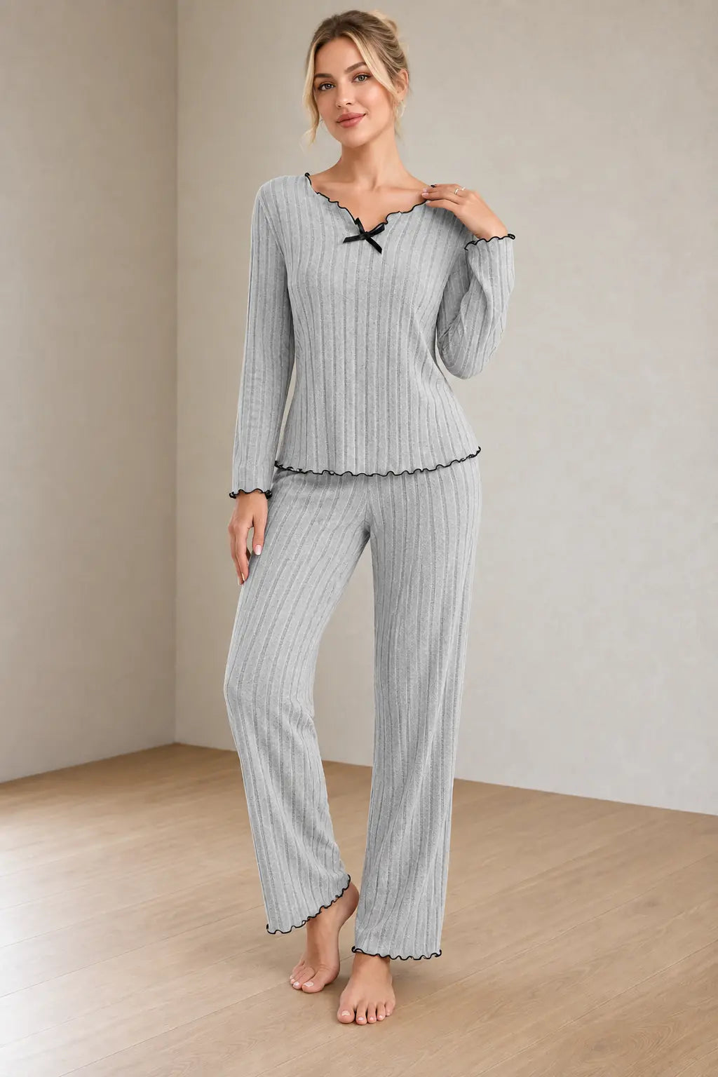 Women's Ribbed Knit Pajama Set - Long Sleeve Top with Bow & Lettuce-Edge Pants - Heather Gray