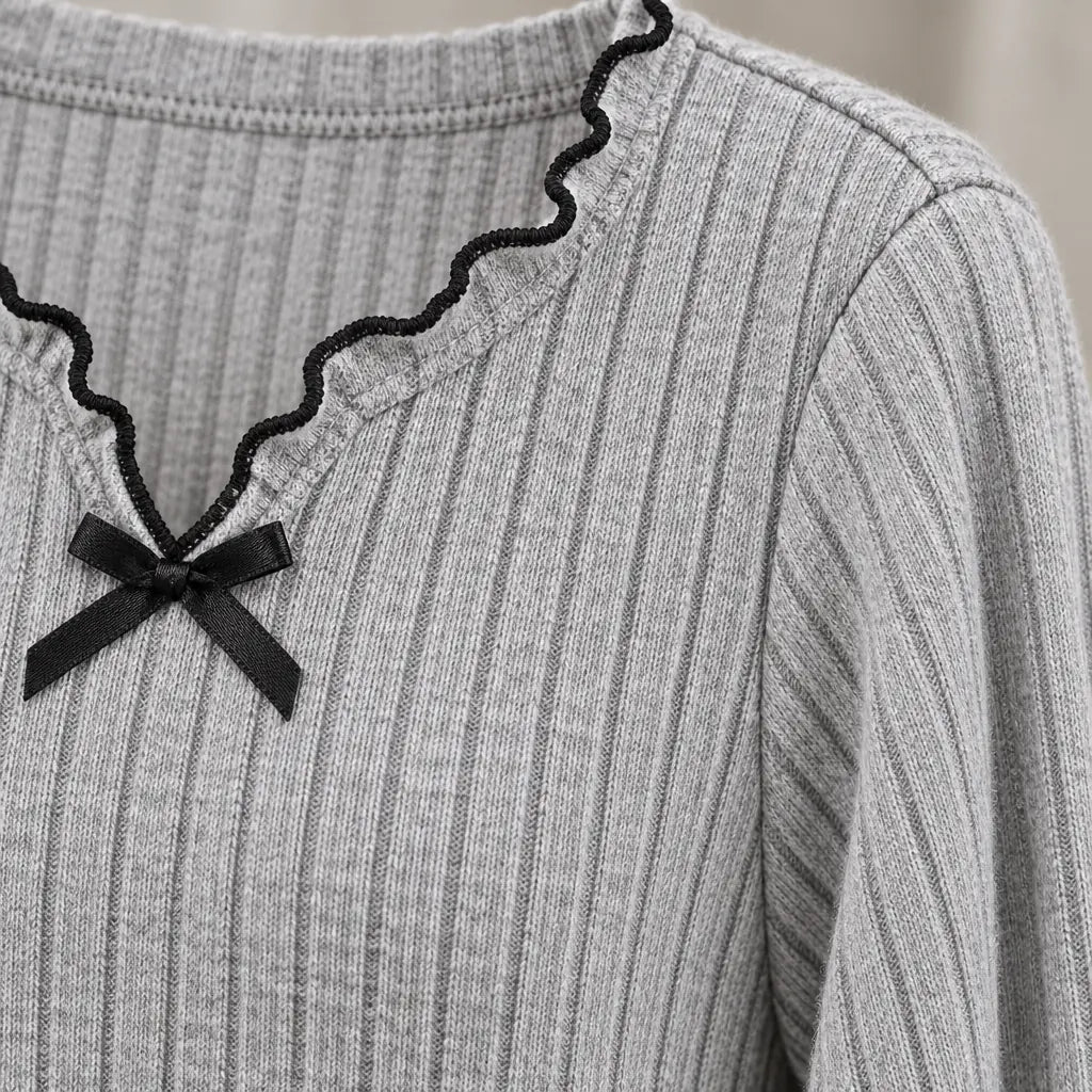 Women's Ribbed Knit Pajama Set - Long Sleeve Top with Bow & Lettuce-Edge Pants - Heather Gray