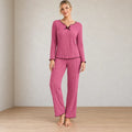 Women's Ribbed Knit Pajama Set - Long Sleeve Top with Bow & Lettuce-Edge Pants - Rose Pink