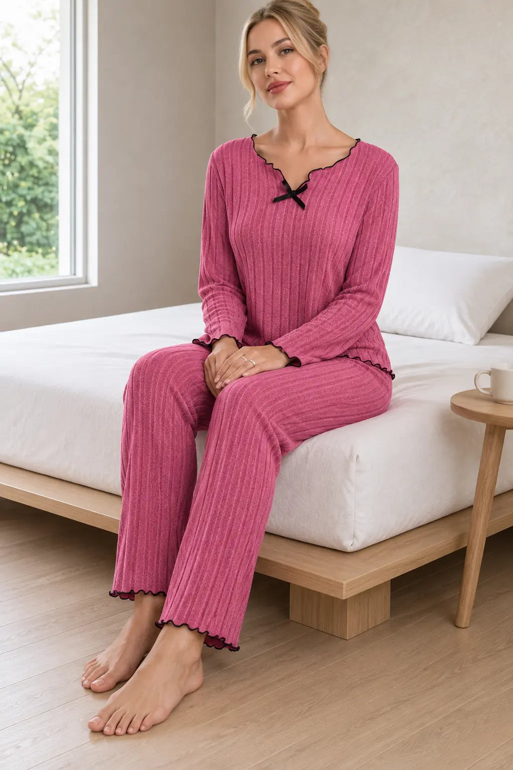 Women's Ribbed Knit Pajama Set - Long Sleeve Top with Bow & Lettuce-Edge Pants - Rose Pink