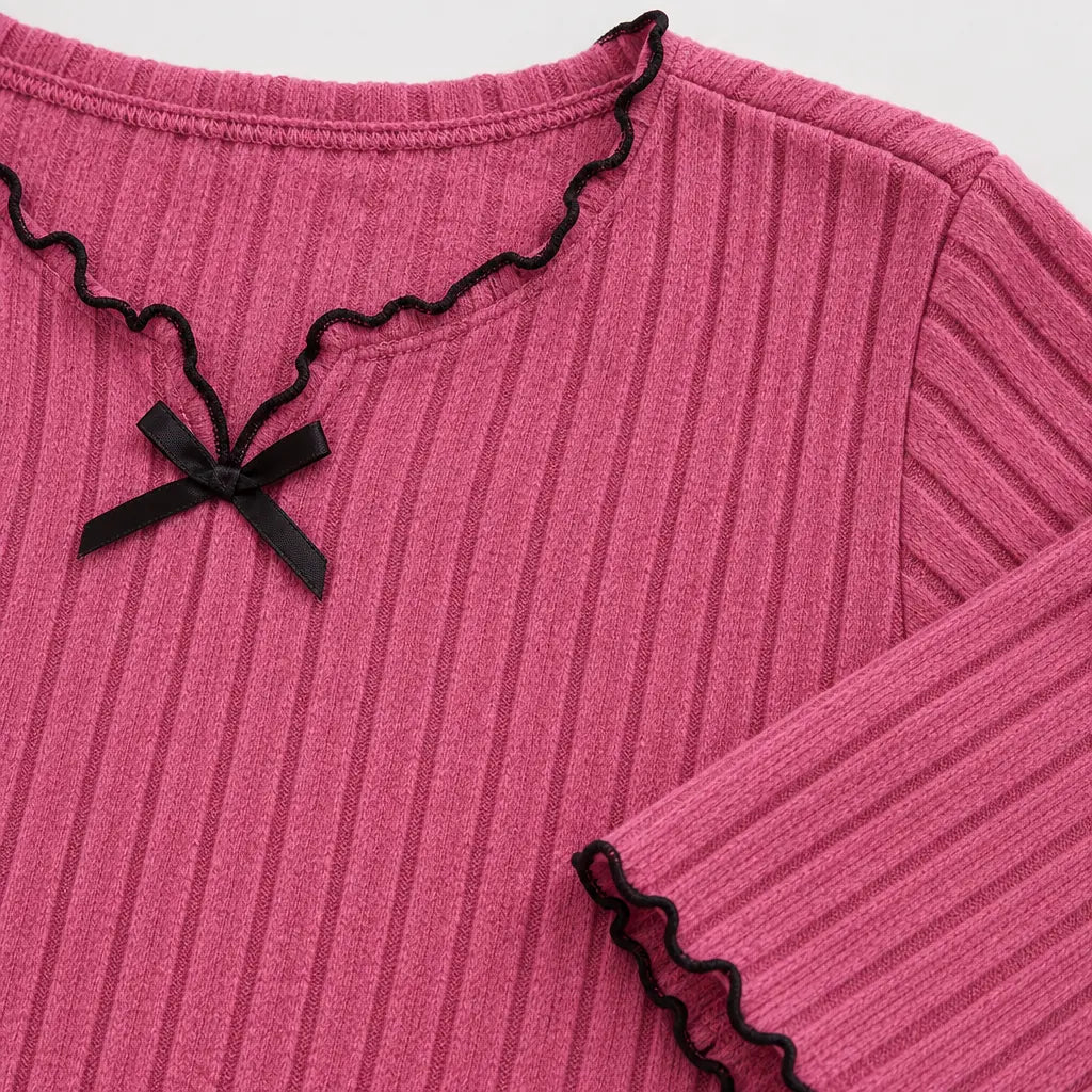 Women's Ribbed Knit Pajama Set - Long Sleeve Top with Bow & Lettuce-Edge Pants - Rose Pink