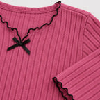 Women's Ribbed Knit Pajama Set - Long Sleeve Top with Bow & Lettuce-Edge Pants - Rose Pink