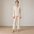 Women's Cotton Gauze Pajama Set - Button-Up Top & Wide-Leg Pants, Heart Print - Cream Red Heart