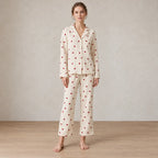 Women's Cotton Gauze Pajama Set - Button-Up Top & Wide-Leg Pants, Heart Print - Cream Red Heart