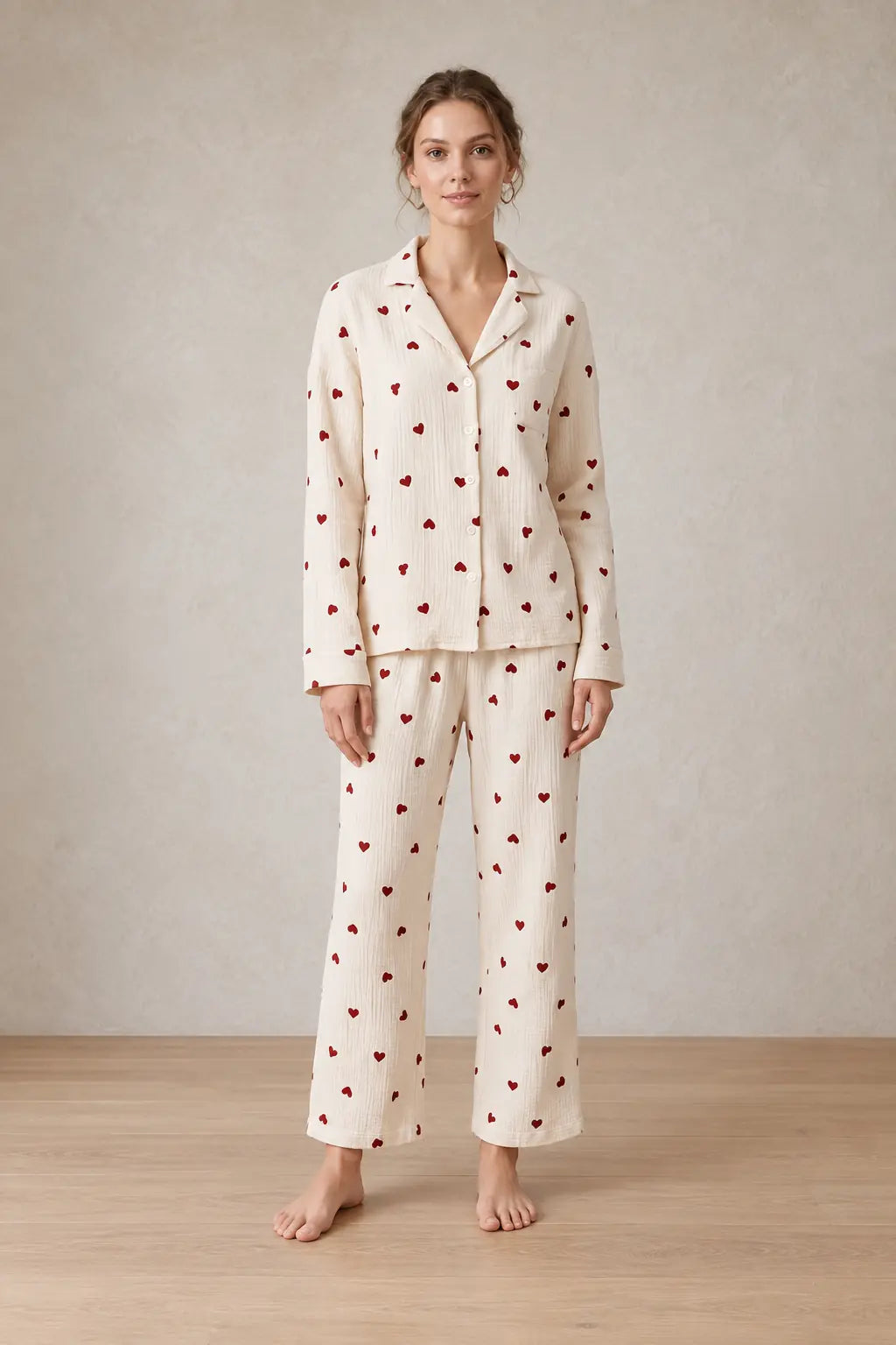 Women's Cotton Gauze Pajama Set - Button-Up Top & Wide-Leg Pants, Heart Print - Cream Red Heart
