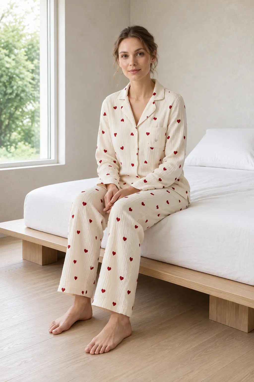Women's Cotton Gauze Pajama Set - Button-Up Top & Wide-Leg Pants, Heart Print - Cream Red Heart