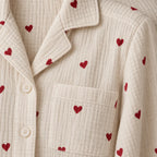 Women's Cotton Gauze Pajama Set - Button-Up Top & Wide-Leg Pants, Heart Print - Cream Red Heart