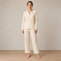 Women's Cotton Gauze Pajama Set - Button-Up Top & Wide-Leg Pants, Heart Print - Cream Tan Heart