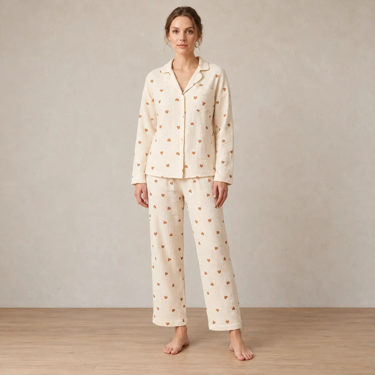 Women's Cotton Gauze Pajama Set - Button-Up Top & Wide-Leg Pants, Heart Print - Cream Tan Heart