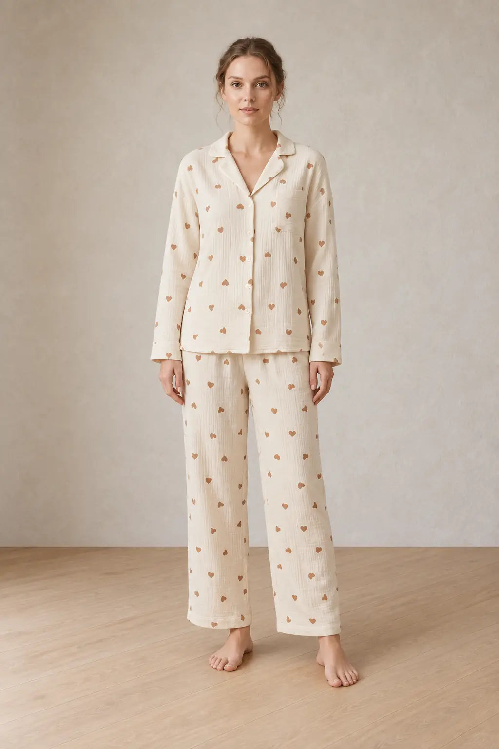 Women's Cotton Gauze Pajama Set - Button-Up Top & Wide-Leg Pants, Heart Print - Cream Tan Heart