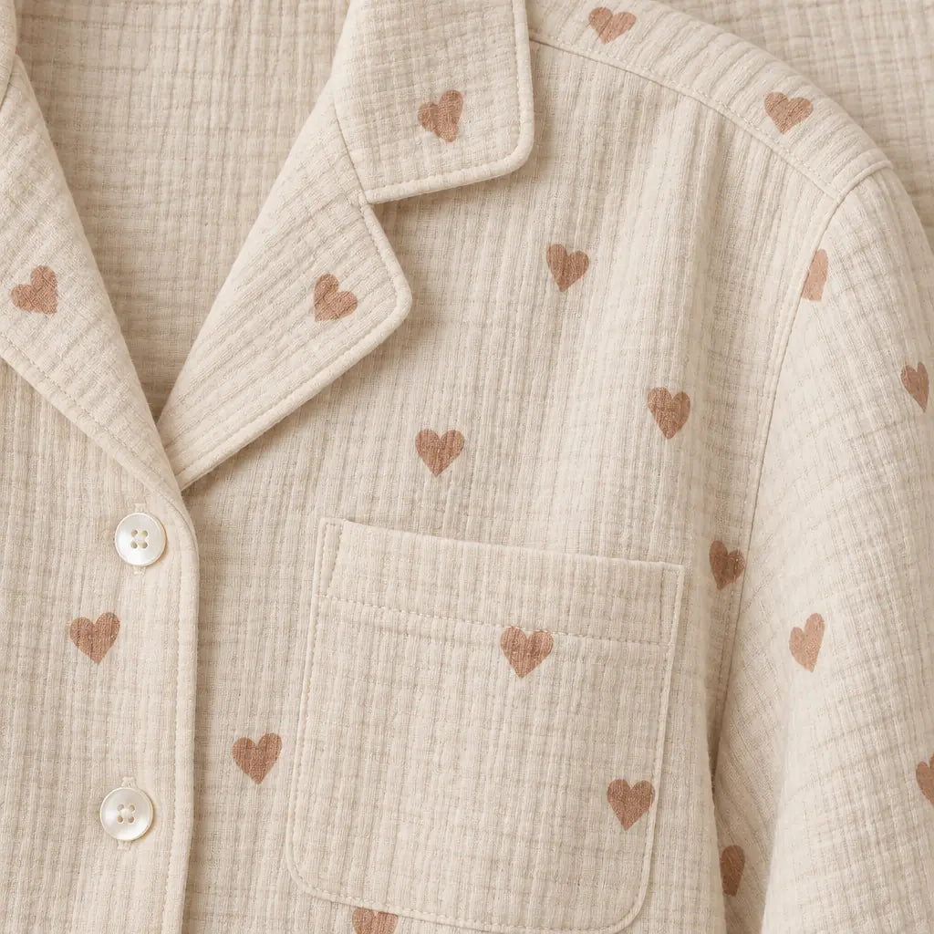 Women's Cotton Gauze Pajama Set - Button-Up Top & Wide-Leg Pants, Heart Print - Cream Tan Heart