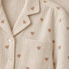 Women's Cotton Gauze Pajama Set - Button-Up Top & Wide-Leg Pants, Heart Print - Cream Tan Heart