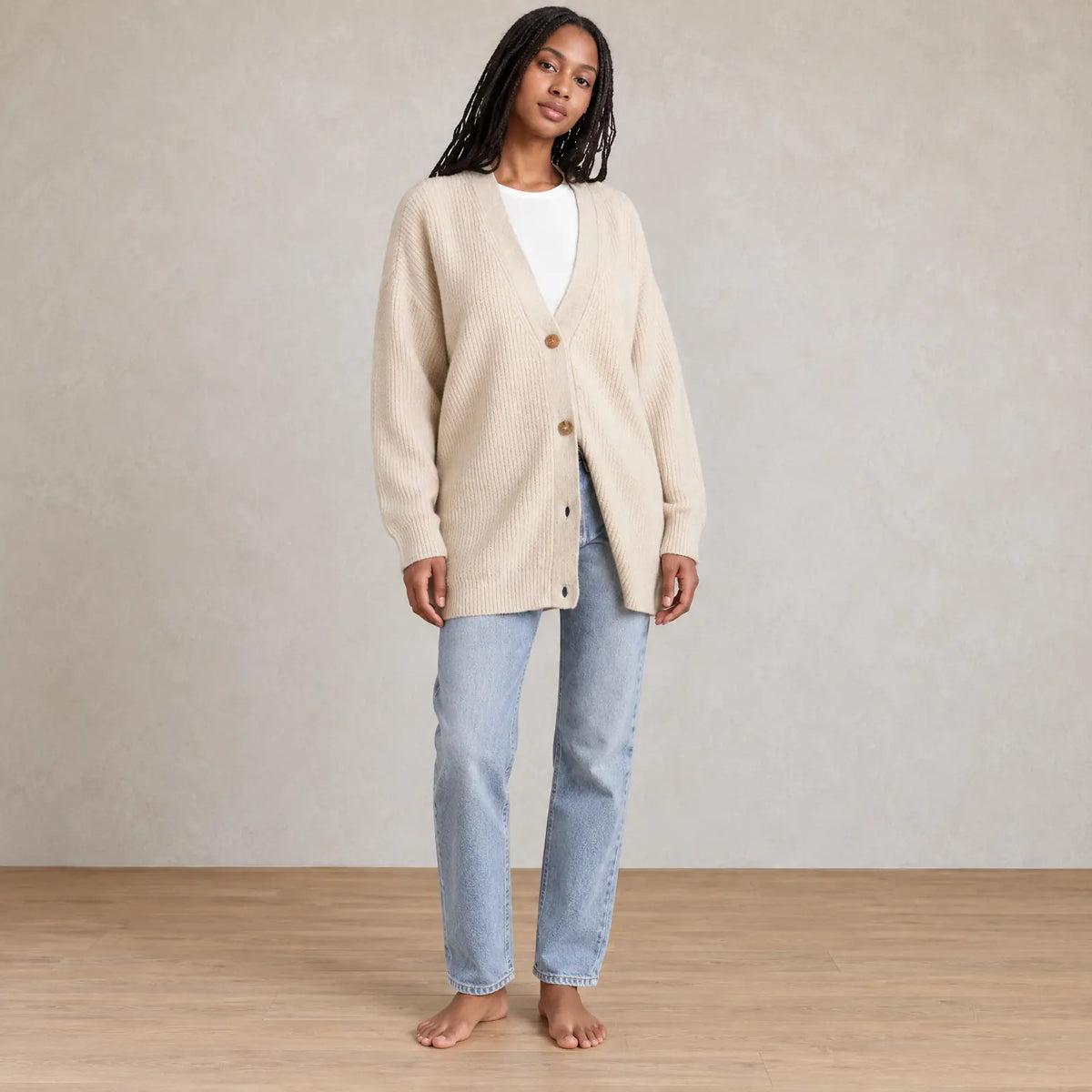 Women's Oversized Cardigan - Deep V-Neck Button-Front Ribbed Knit Sweater - Beige