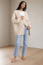 Women's Oversized Cardigan - Deep V-Neck Button-Front Ribbed Knit Sweater - Beige