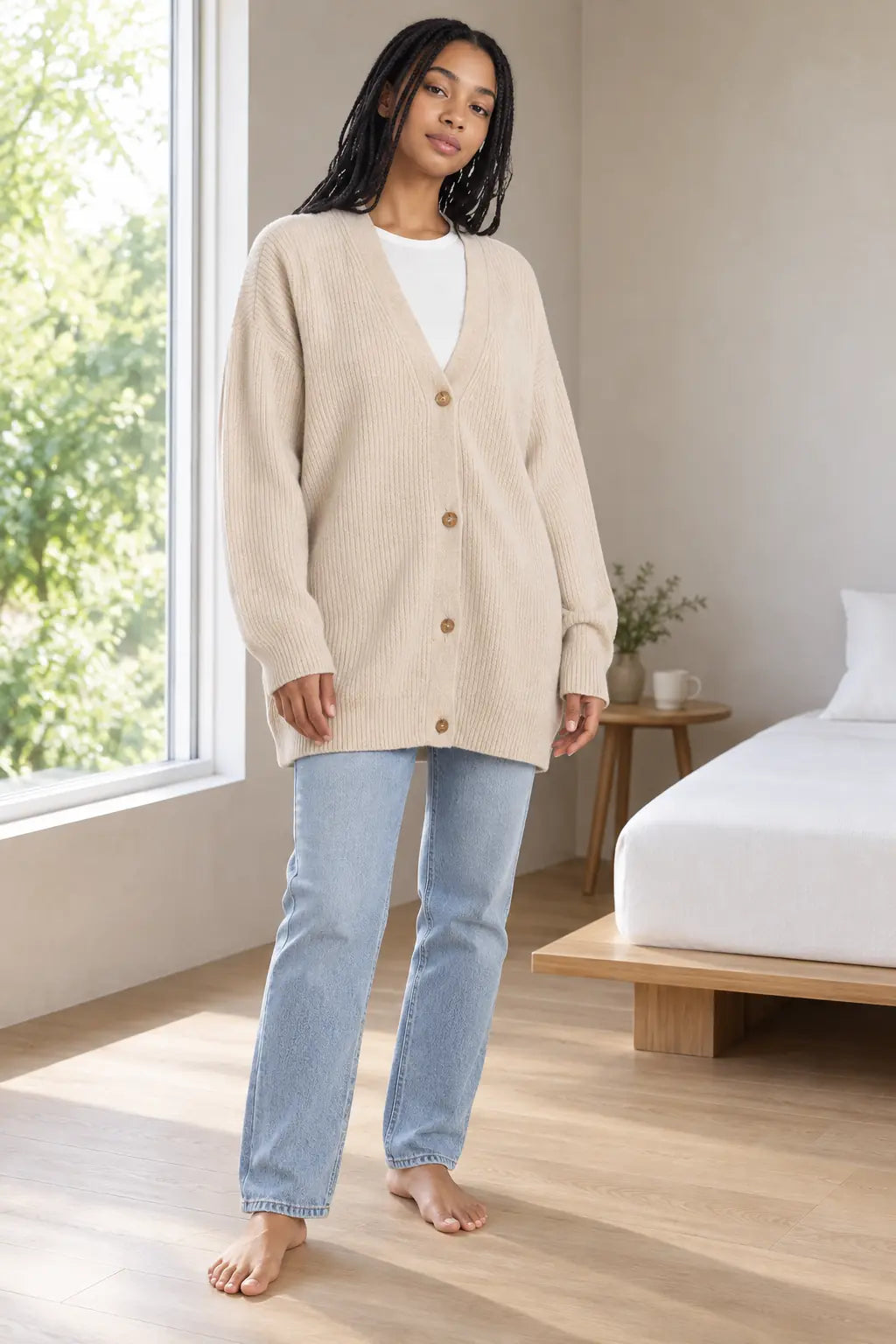 Women's Oversized Cardigan - Deep V-Neck Button-Front Ribbed Knit Sweater - Beige