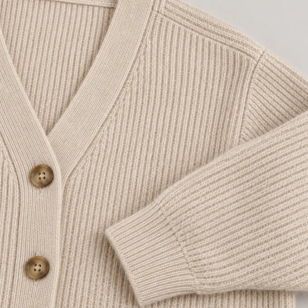 Women's Oversized Cardigan - Deep V-Neck Button-Front Ribbed Knit Sweater - Beige