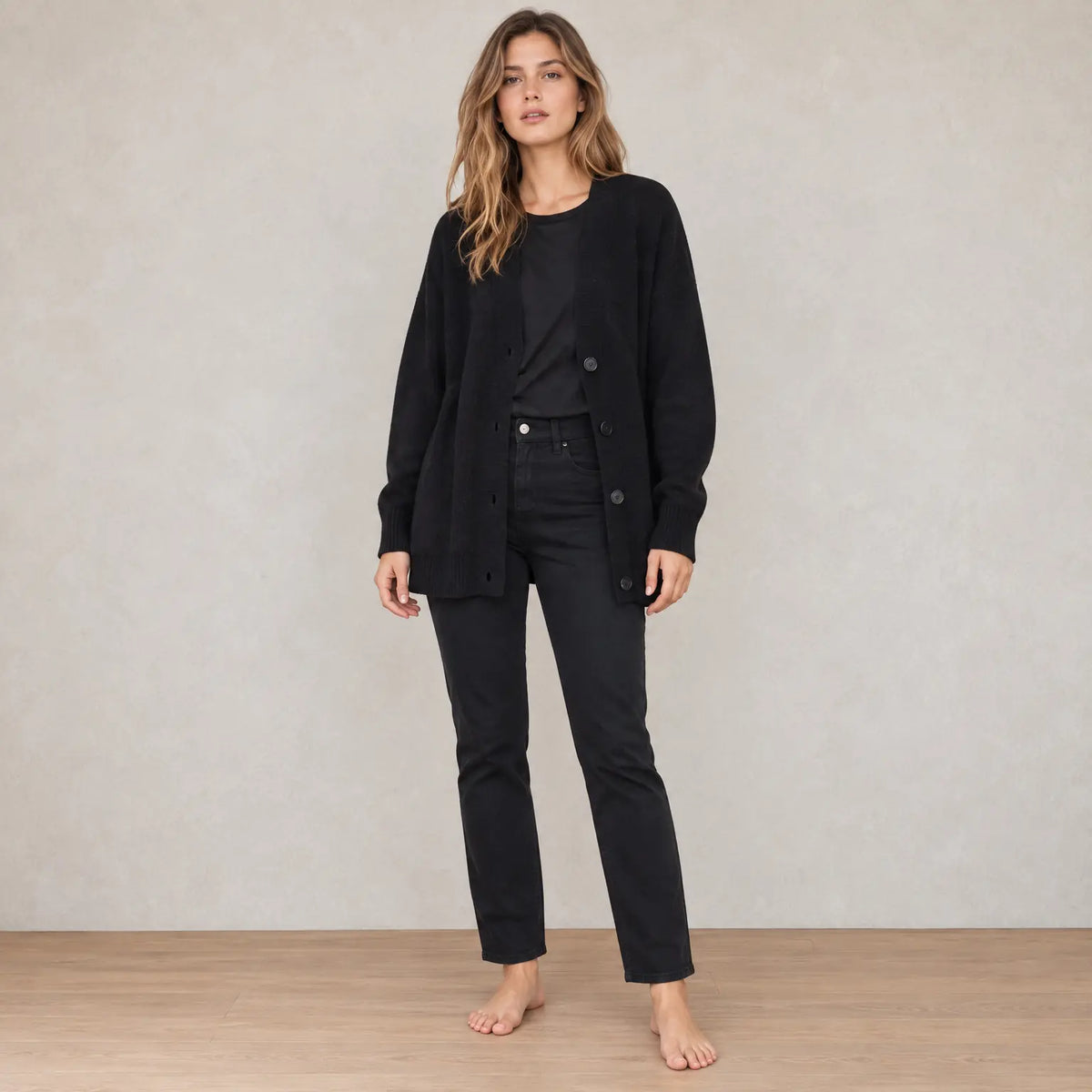 Women's Oversized Cardigan - Deep V-Neck Button-Front Ribbed Knit Sweater - Black